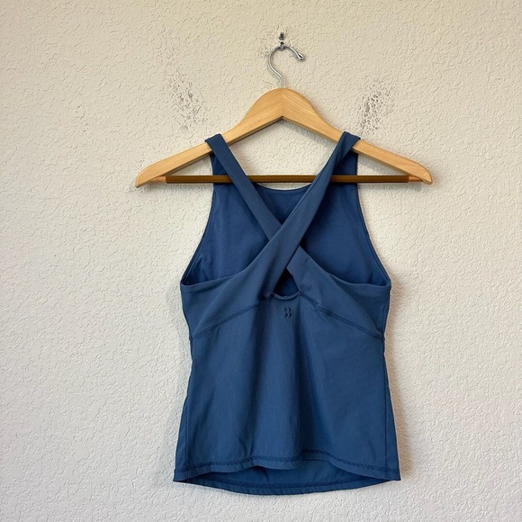 SWEATY BETTY Ribbed Power Cross Back Tank in Blue Sweat Wicking - Picture 1 of 9